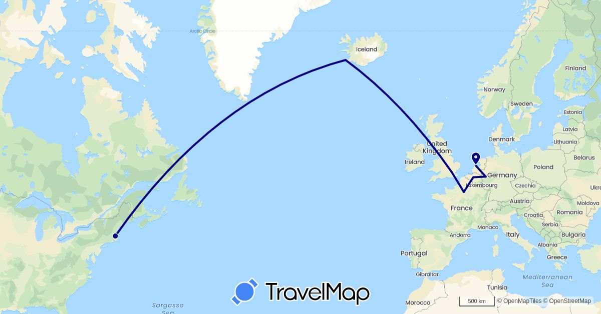 TravelMap itinerary: driving in Belgium, Germany, France, United Kingdom, Iceland, Netherlands, United States (Europe, North America)